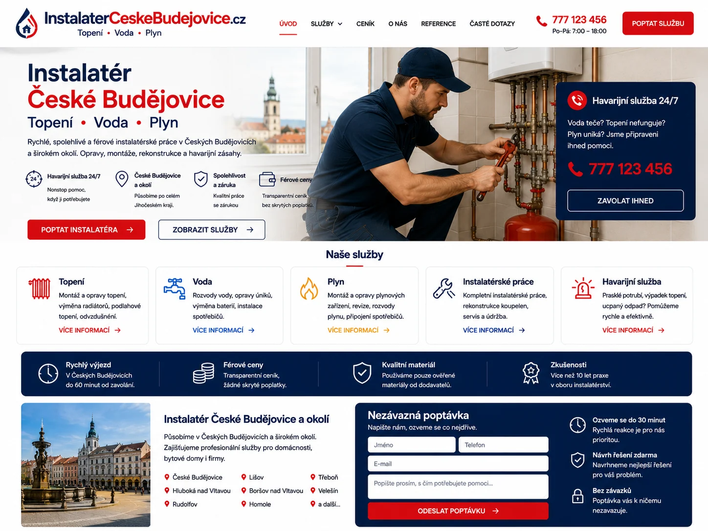 Návrh webu InstalaterCeskeBudejovice.cz pro vodu, topení, plyn a havarijní zásahy